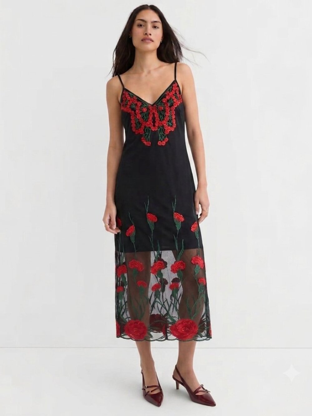 Forever 21 Semi Sheer Floral Embroidered Slip Midi Dress